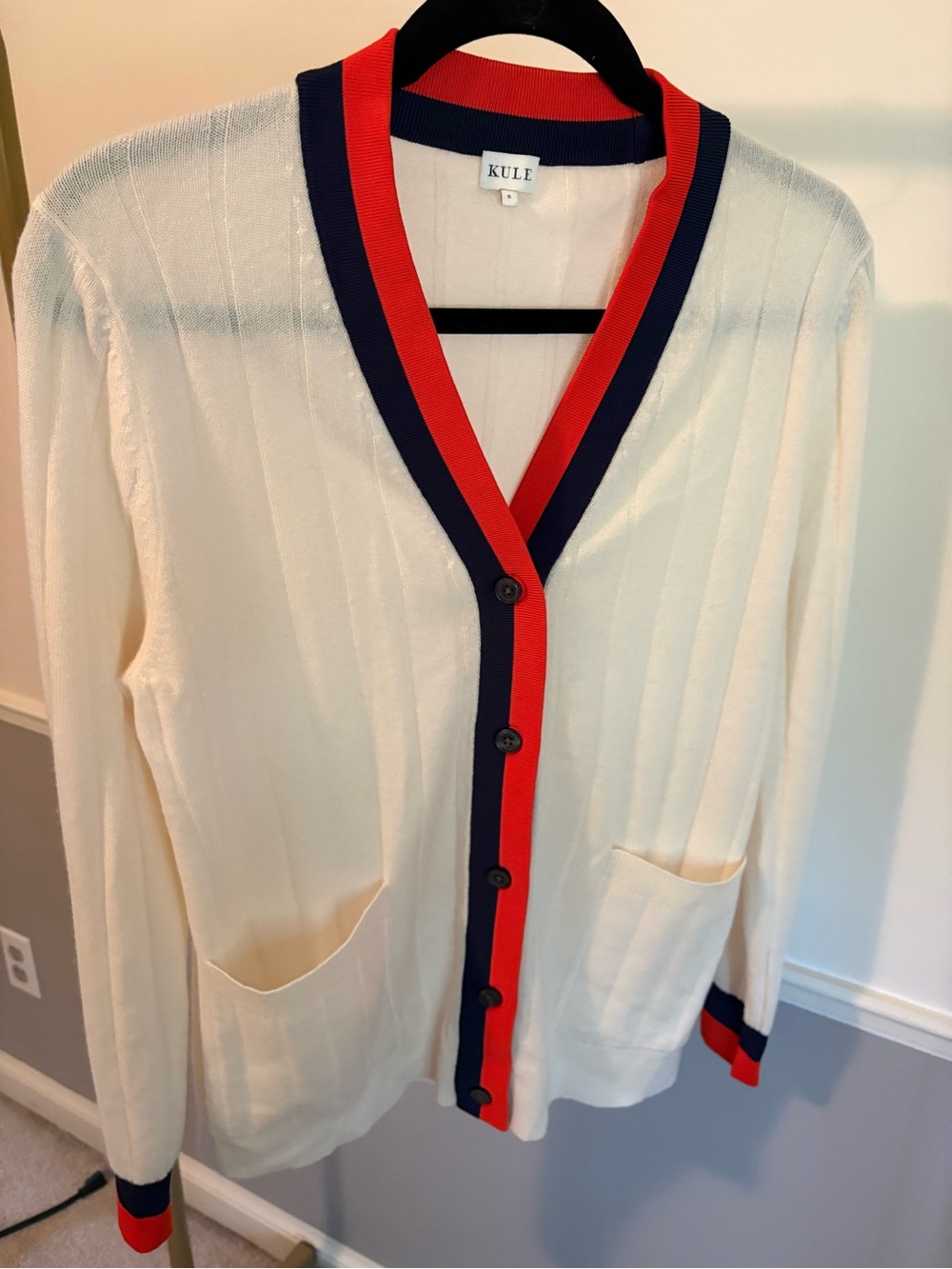 KULE Women's Cream Cardigan with Navy & Red Trim